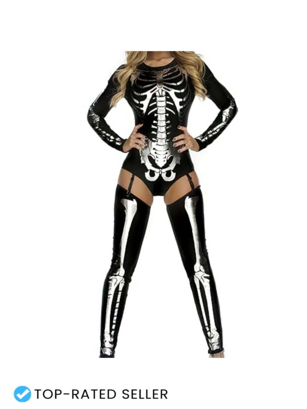 Skeleton Halloween Costume Set Dress Thigh Highs Garters